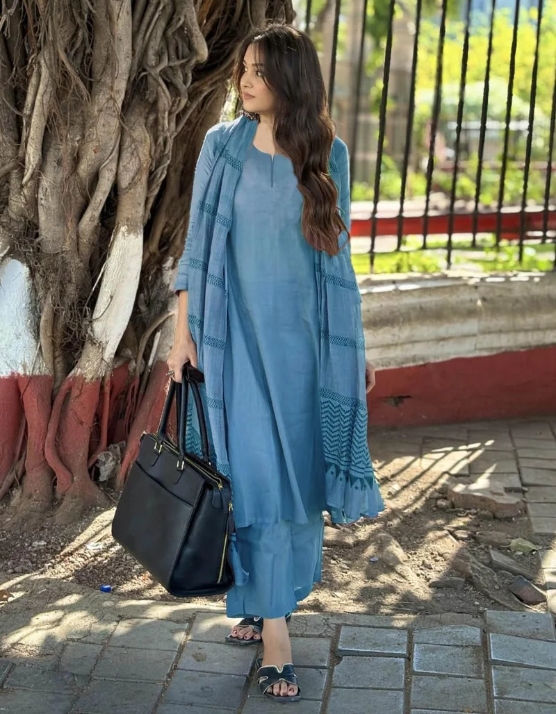 GoSriKi Light Blue GoSriKi Women's Rayon Blend Straight Solid Kurta with Pant & Dupatta (Raja Saab Light Blue-VKS01-GS_L_Light Blue_Large) for Women | Best Price UAE